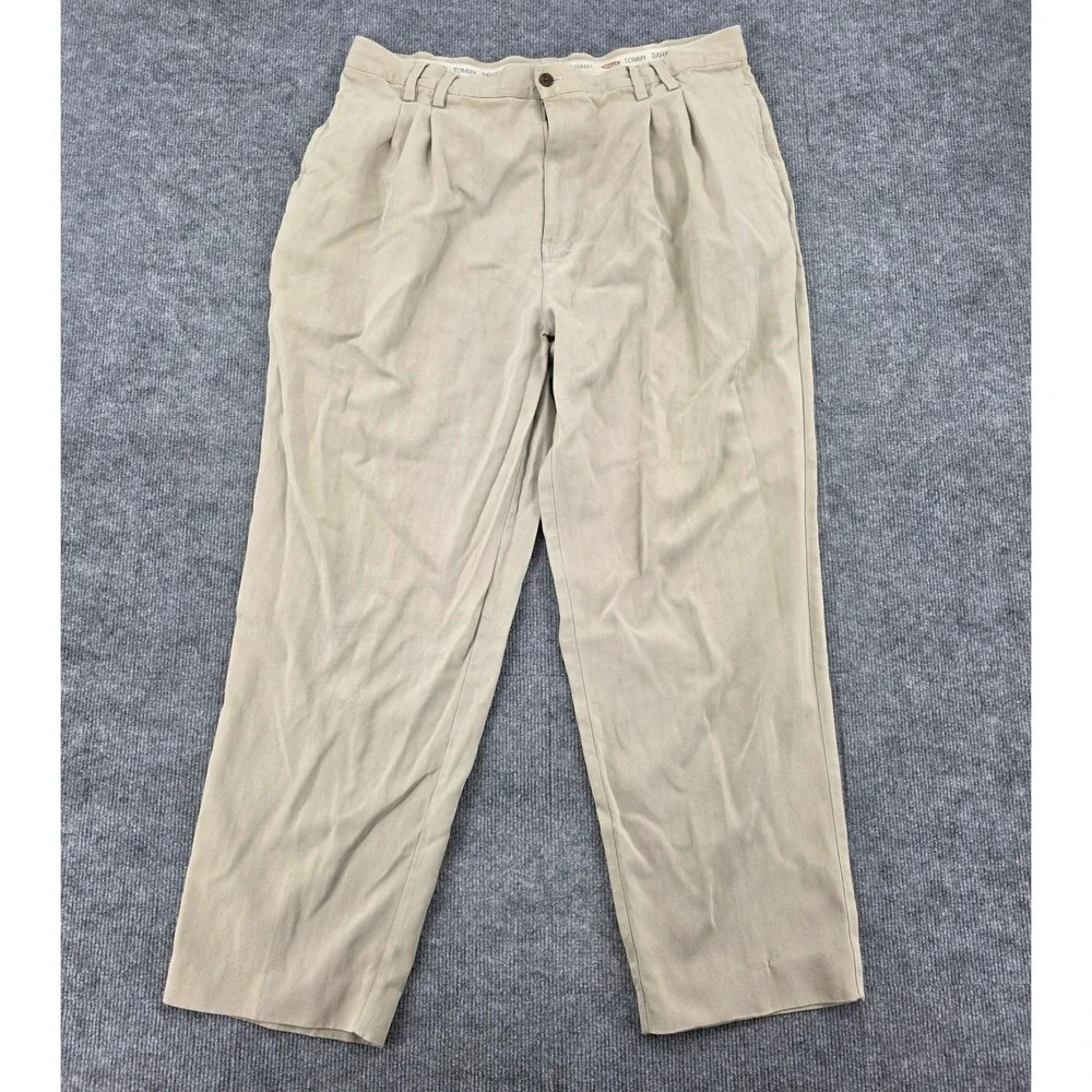Tommy Bahama Relax Mens 40 100% Silk Herringbone Pleated Trousers Khaki Tan
